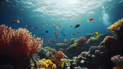 Obraz premium Vibrant Coral Reef: Underwater Scene with Tropical Fish