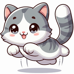 Charming cartoon illustration of a leaping grey and white cat, displaying an expressive face.