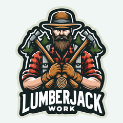 Stylized illustration of a lumberjack, holding crossed axes, showcasing a powerful and rugged design, perfect for a lumber business or related merchandise.