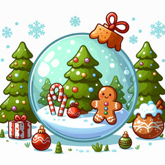 Charming illustration depicting a winter wonderland scene inside a decorative glass sphere, featuring a gingerbread man, Christmas trees, gifts, and candy canes.