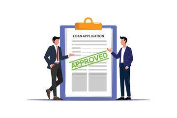 Approved loan application with two people. Credit approval and banking concept. Vector flat design isolated