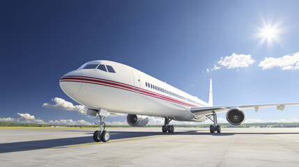 Obraz premium sleek private jet parked on tranquil runway under clear blue sky, showcasing luxury and elegance