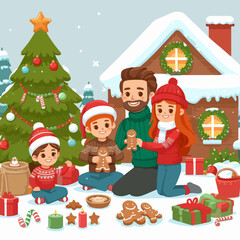 Fototapeta premium Happy family is seated outdoors, enjoying the holiday season, preparing or decorating gingerbread cookies near a Christmas tree and cozy home.
