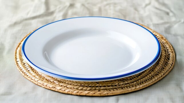 Empty plate on a round wicker mat.