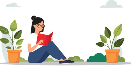 young woman reading book with plants