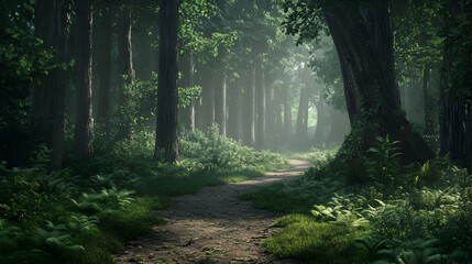 Obraz premium Forest Path: A Misty Morning Walk