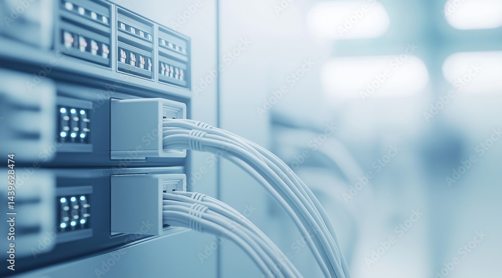 Poster a row of network cables plugged into ports on a server in a modern data center, highlighting connect
