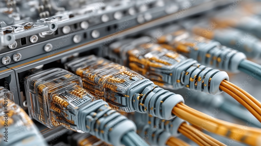 Poster closeup of multiple network cables connected to a server, showcasing modern data communication techn