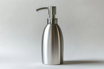 Obraz premium Minimalist stainless steel soap dispenser pump bottle, modern bathroom countertop decor, brushed metal hygiene container 