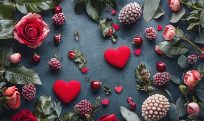 Romantic Floral Arrangement with Hearts and Berries on Blue Background