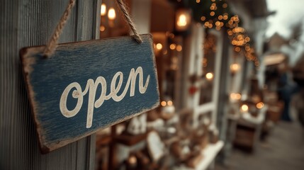 A rustic "open" sign hangs on a storefront, with warm lights and decorations creating a welcoming atmosphere outside the shop.