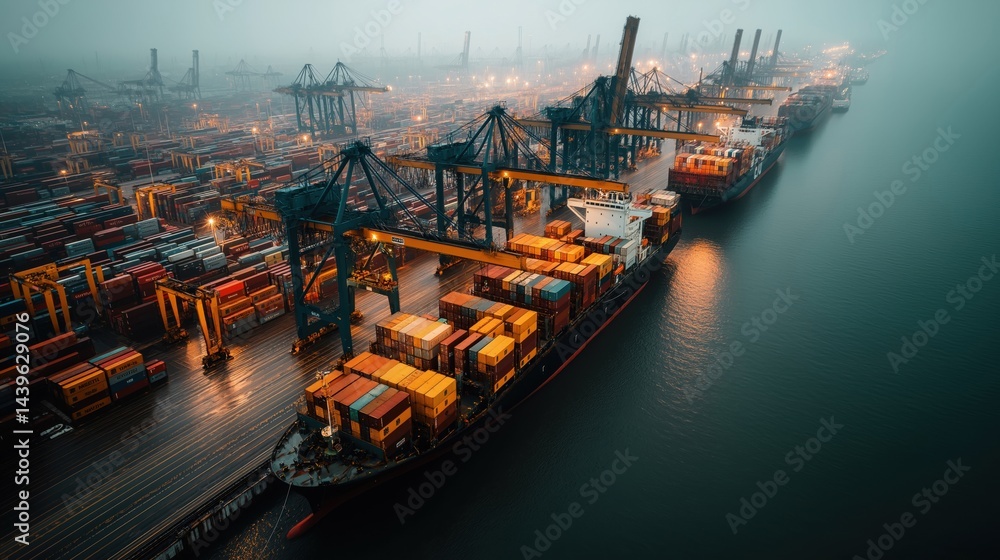 Aufkleber a large container port with cranes loading and unloading colorful shipping containers from cargo shi