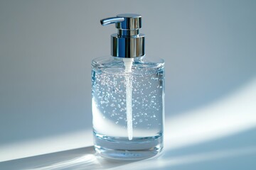 Clear liquid soap in a glass pump bottle with bubbles and soft lighting