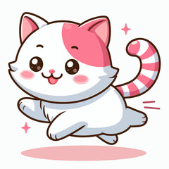 Cheerful, cartoon cat character with a pink and white design,  leaps in the air in a playful pose.