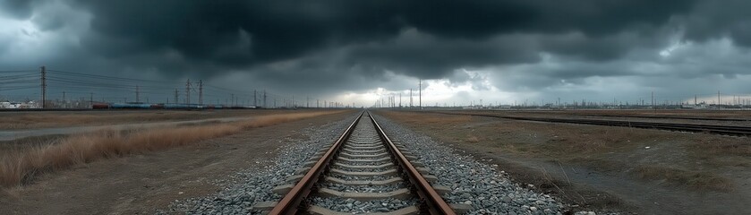 Fototapeta premium A long, empty railway track stretches into the distance under dramatic, dark storm clouds in an industrial landscape.