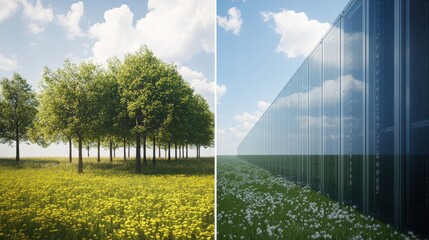 Fototapeta premium Contrast Between Nature and Technology in a Bright Landscape with Trees and Data Center
