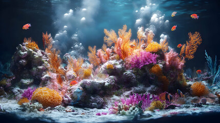 Obraz premium Vibrant Coral Reef Underwater Scene: Tropical Fish and Aquatic Plants