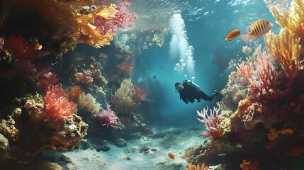 Naklejka premium Exploring a Vibrant Coral Reef: Underwater Scuba Diving Adventure