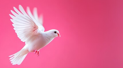Fototapeta premium White Dove Flying Against Pink Background with Open Wings