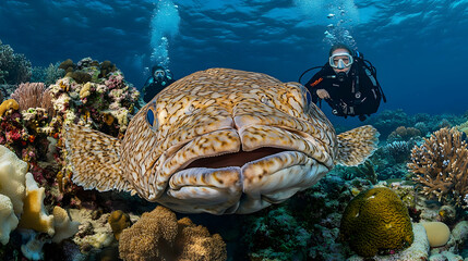 Obraz premium Enormous Grouper Fish and Scuba Divers in Vibrant Coral Reef