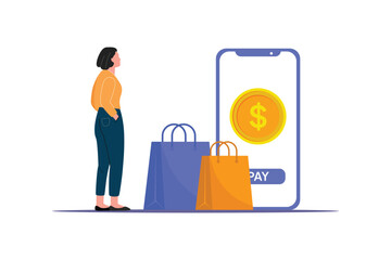Woman shopping and paying via mobile phone. Digital payment and e-commerce concept. Vector flat design isolated