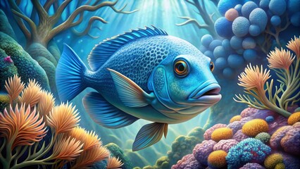A Vibrant Blue Fish Swims Amongst Coral Reefs and Underwater Flora, Displaying Exquisite Details and a Captivating Underwater Scene