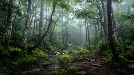 Obraz premium Enchanted Misty Forest: A Serene Landscape of Green Trees Mossy Creek and Sunlight