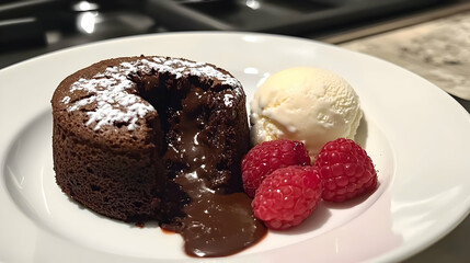 Warm Chocolate Lava Cake with Raspberries and Vanilla Ice Cream