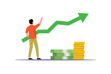 Person pointing at financial growth chart. Investment optimism concept. Vector flat design isolated