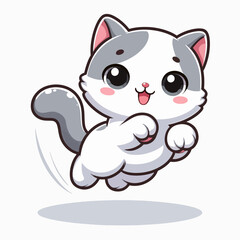Fototapeta premium Charming, cartoon depiction of a grey and white cat in mid-air leap. Its expression and design style are appealing to the viewer.