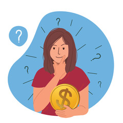 Woman Contemplating Financial Decision with Coin Illustration
