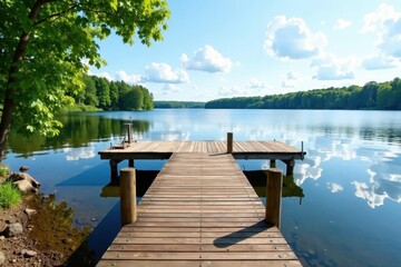 Rustic dock, raised pontoons, pristine lake, Minnesota sky, wooden dock, dock scene