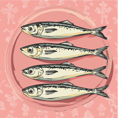 Vector illustration of sardine fish on table Mediterranean Italian style