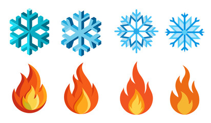 Vector illustration set of 3d and flat fire flame and snowflake icon isolated in white background