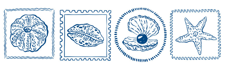 Vintage marine stamp with hand drawn seashells. Minimalist vintage marine prints. Summer coastal design elements for trendy poster, invitation, banner, menu cover. Retro frame or border design © PawLoveArt