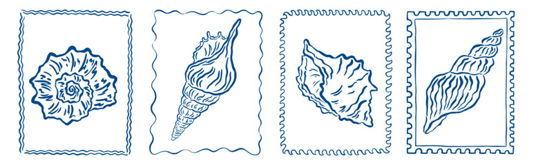 Vintage marine stamp with hand drawn seashells. Minimalist vintage marine prints. Summer coastal design elements for trendy poster, invitation, banner, menu cover. Retro frame or border design © PawLoveArt