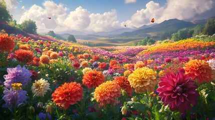 Fototapeta premium Vibrant Dahlia Field: A Stunning Floral Landscape with Butterflies