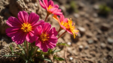 Vibrant wildflowers bloom, adding color to the arid landscape with their bright pink petals and golden centers.