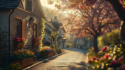 Fototapeta premium Picturesque Spring Village: Sunlit Cobblestone Street and Blooming Flowers