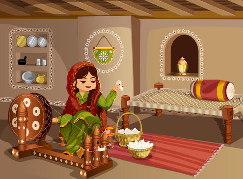 Authentic Rural Lifestyle Illustration. Village Woman Spinning Khadi Using Churkha Sitting in Mud House Living Room with Khatiya. Timeless Artwork 