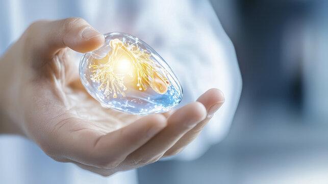 close up of hand holding glowing pancreas model, symbolizing health and innovation medicine. image conveys hope and