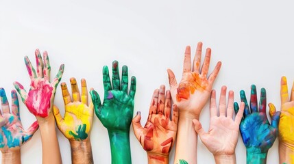 Vibrant, painted hands gather to symbolize community support for mental health awareness. A powerful representation of unity, creativity, and positivity.