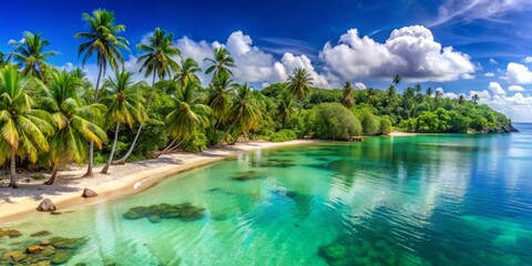 Fototapeta premium Serene tropical beach paradise with pristine white sand, swaying palm trees, and crystal-clear turquoise water under a vibrant blue sky