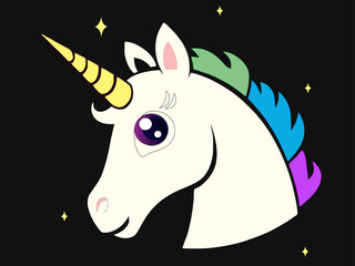 Unicorn vector icon isolated on white. Head portrait horse sticker, patch badge. Cute magic cartoon fantasy cute animal. Rainbow , pink hair. Dream symbol. Design for children