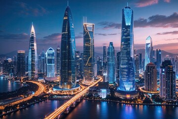 Fototapeta premium Innovative Fintech Solutions Amidst a Vibrant Urban Landscape