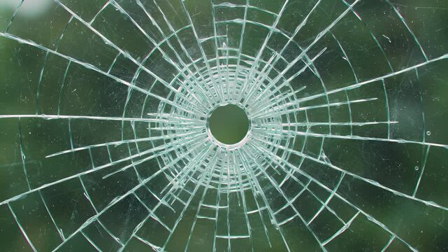 Close Up of a Glass Window Shattered by a Bullet Hole with Cracks and Sharp Shards Foreground and Blurred Green Background at Eye Level