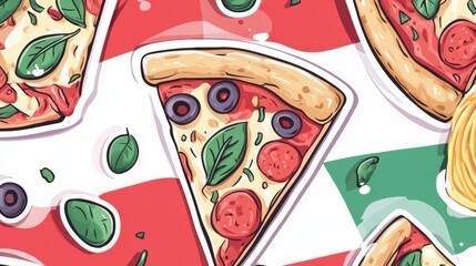 Delightful Italian Food Sticker Pack Featuring Pizza, Spaghetti, and Olives on an Italian Flag Themed Background
