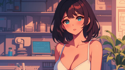Beautiful Anime Girl in a Modern Lab Setting
