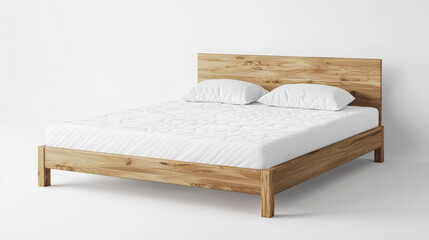 Comfortable minimalist wooden bed with white mattress and two pillows, perfect for serene bedroom setting