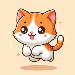Fototapeta premium Cartoon illustration of a small, orange and white cat jumping in the air, with a happy expression.